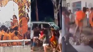 Kanwariyas with dance girls, kanwariyas breaking a car, and kanwariyas beating a CRPF jawan.