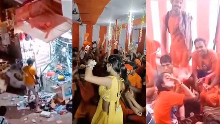 Kanwariyas vandalising a shop, dance girls in pandal, and smoking ganja (weed)
