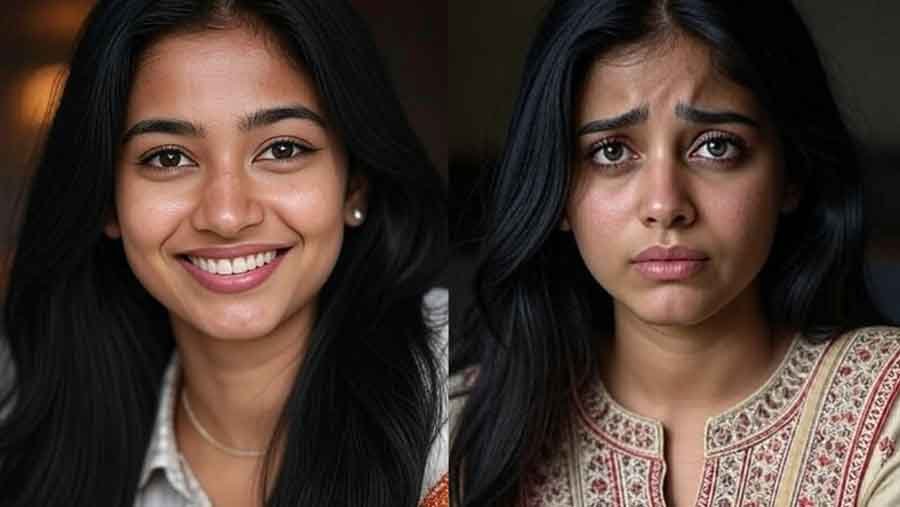 On the left, a young adult woman is happy. On the right, a young adult woman is sad.