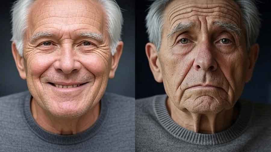 On the left, an old man is happy. On the right, an old man is sad.