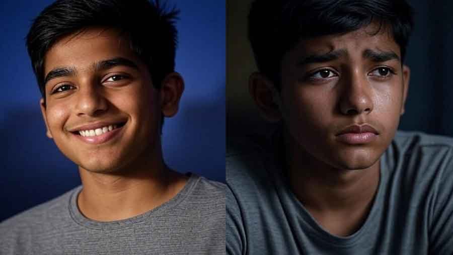On the left, a teenage boy is happy. On the right, a teenage boy is sad.