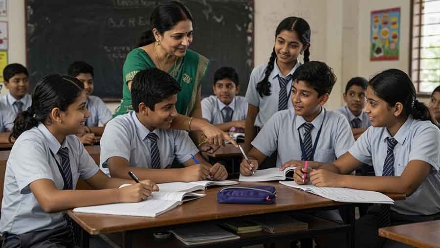 An Indian school classroom where a teacher is teaching students.