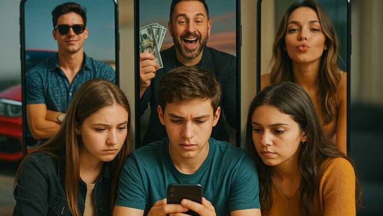 Youth looking at cheap role models on their phones.