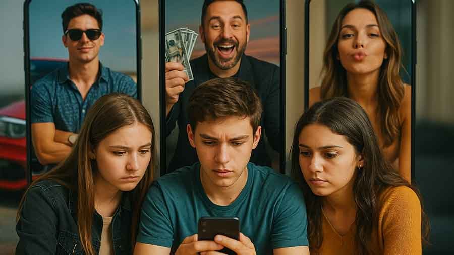 Youth looking at cheap role models on their phones.