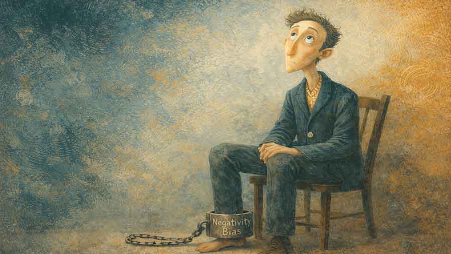 A man shackled with negativity bias