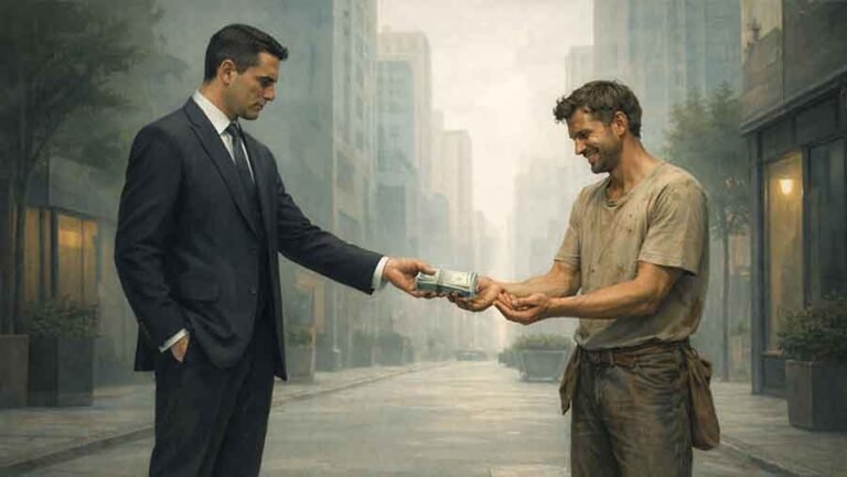 A rich person giving money to a poor person