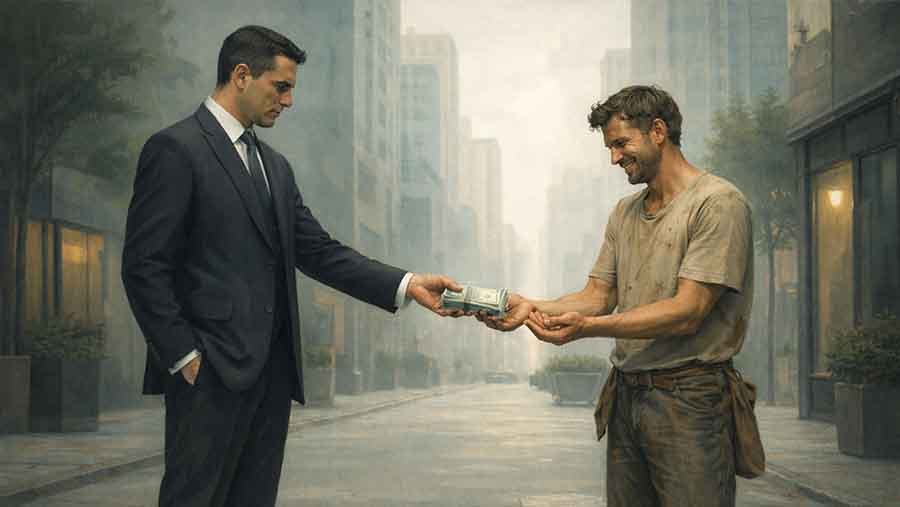 A rich person giving money to a poor person